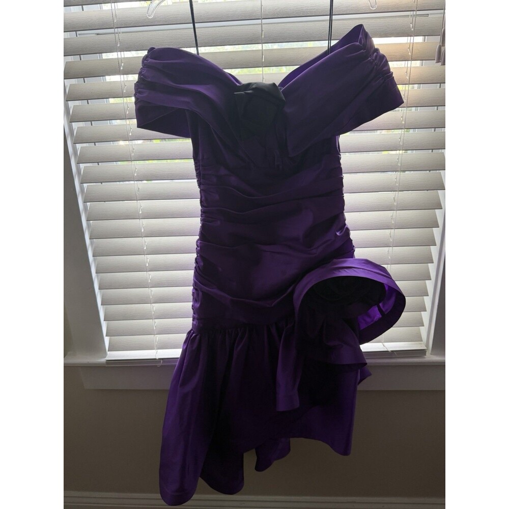 Samir Purple Off Shoulder Ruched Bow Mini Fit & Flare Short Sleeve Dress 4